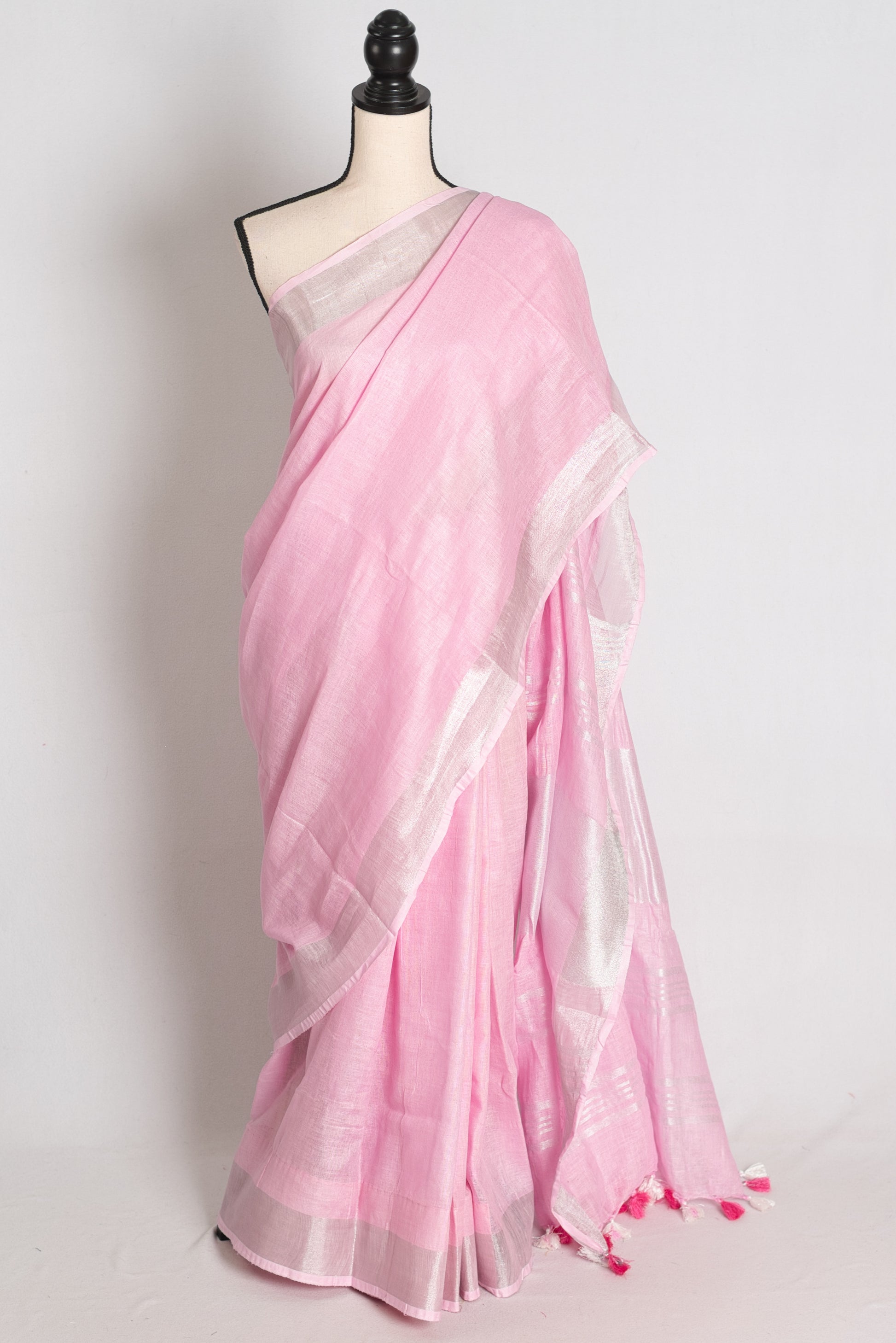 Girija : Baby Pink Pure Linen Saree with Silver Zari Border image 0