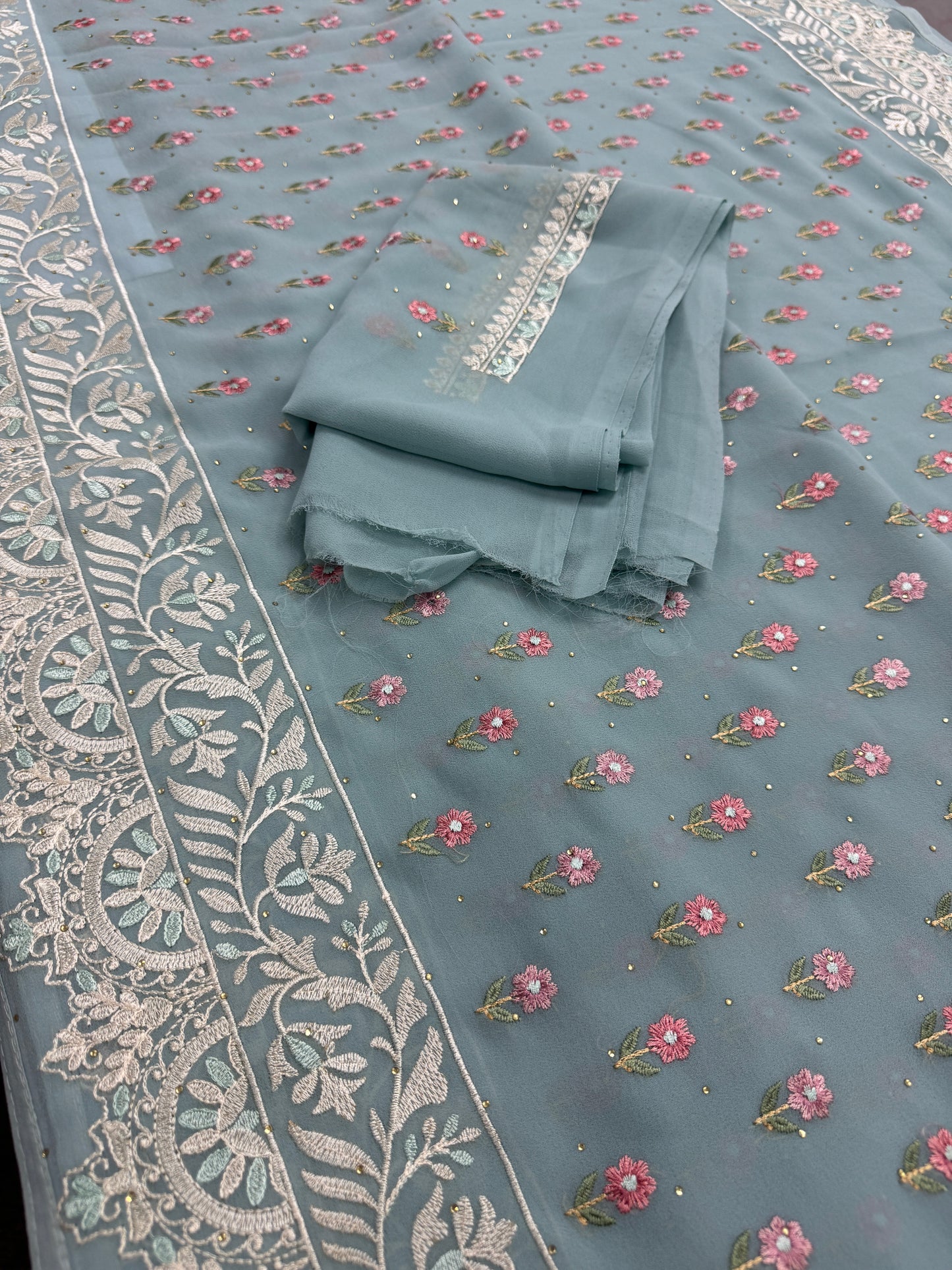 Grace | Sky Blue Georgette Partywear Saree | Pastel Floral Booti Embroidery image 2