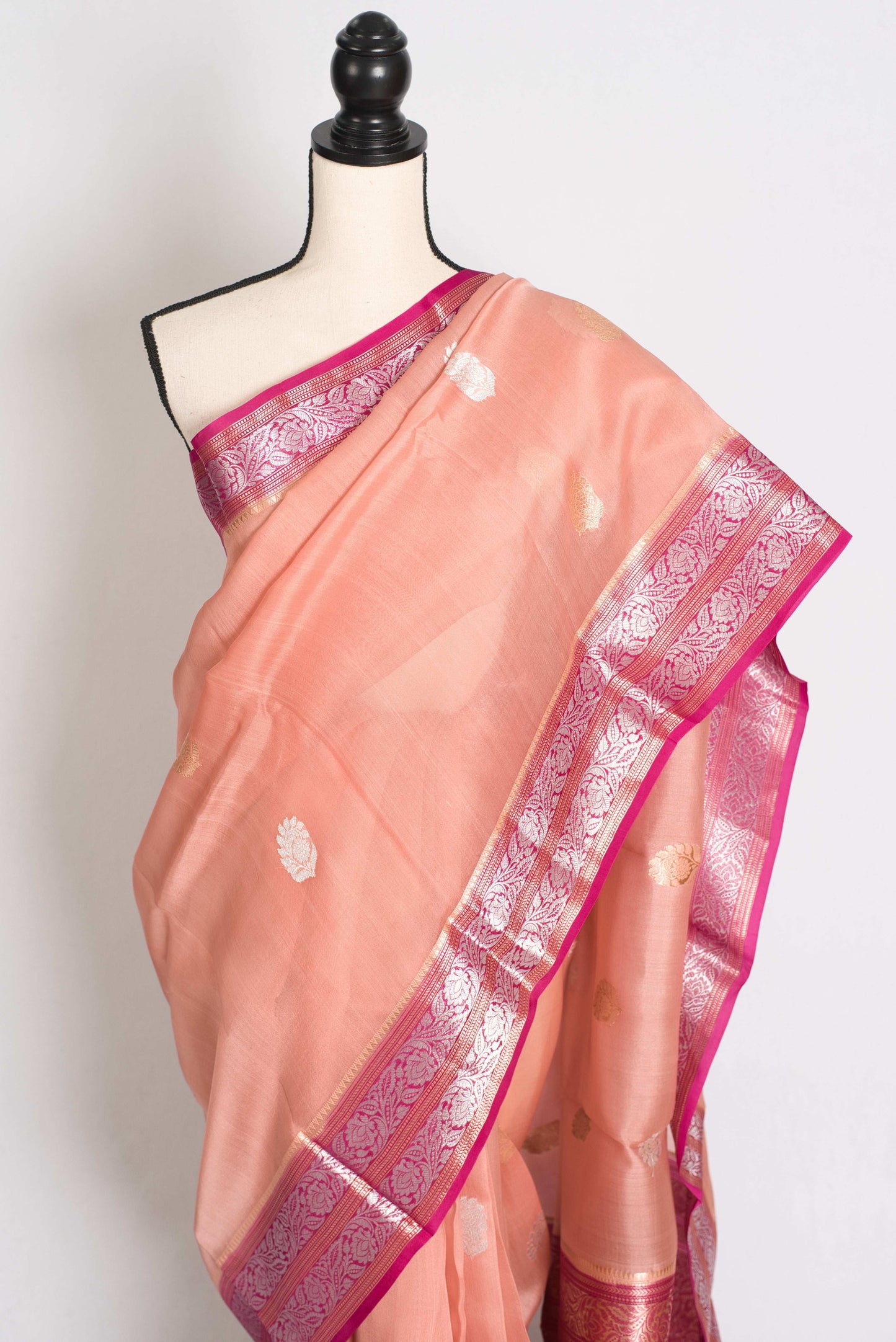 Bidisha : Silk Mark Certified Peach Organza Banarasi Saree with Silver Zari