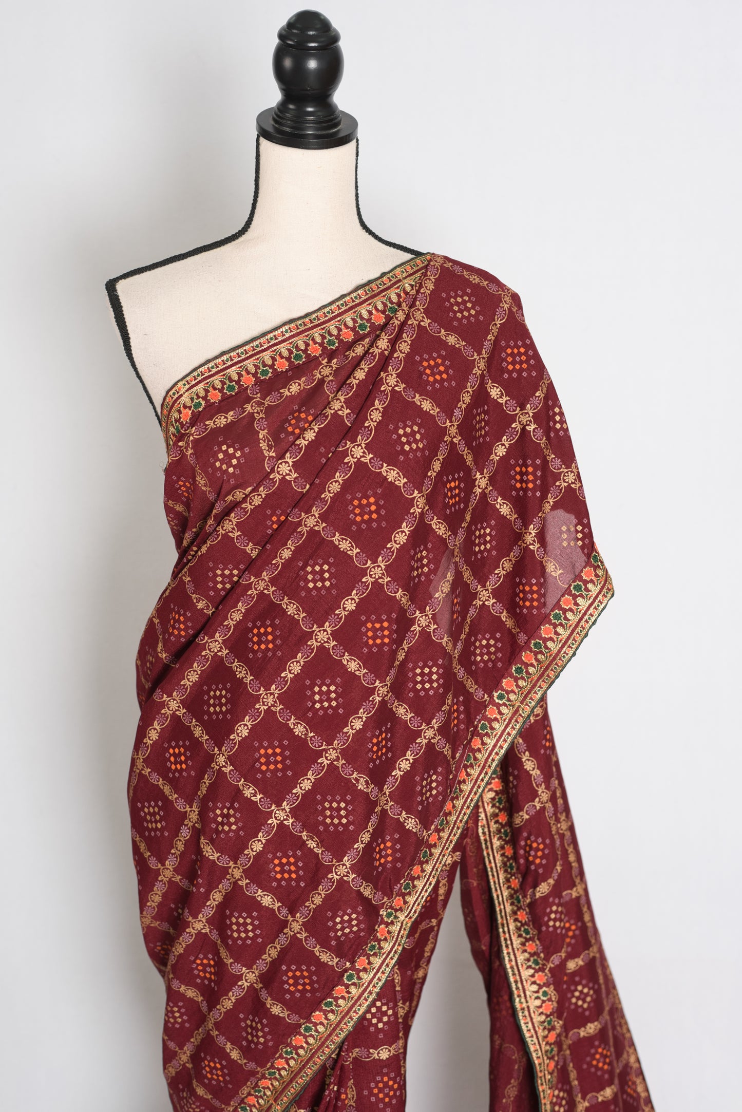 Moni: Maroon Gharchola Saree with Gold Print and Embroidered Border image 5