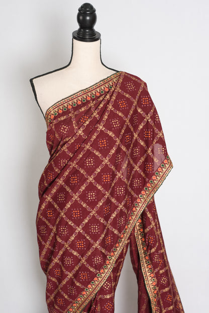 Moni: Maroon Gharchola Saree with Gold Print and Embroidered Border image 5