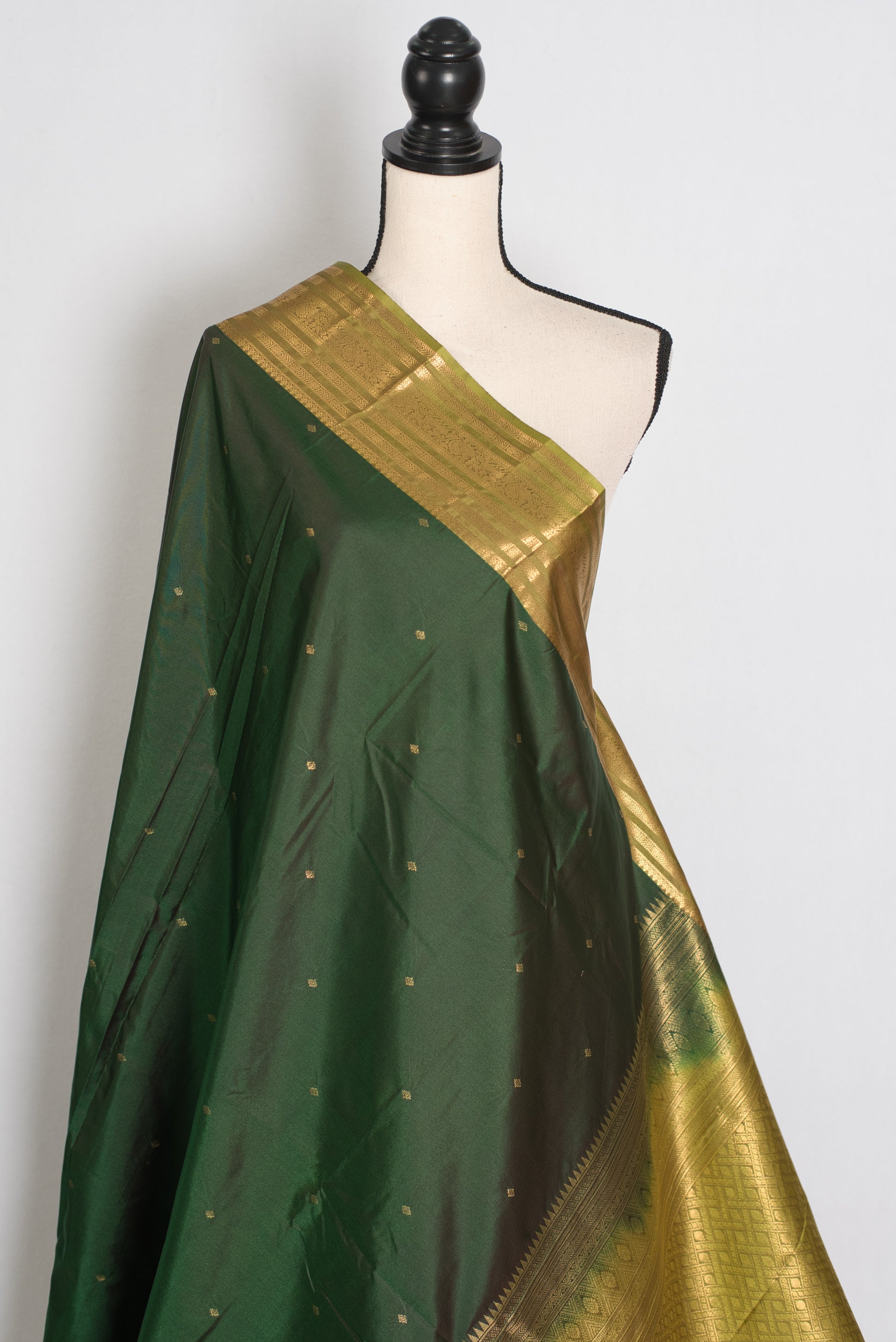 Mytheli – Deep Forest Green Kanjivaram Poly Silk Saree with Moss Green Border image 4