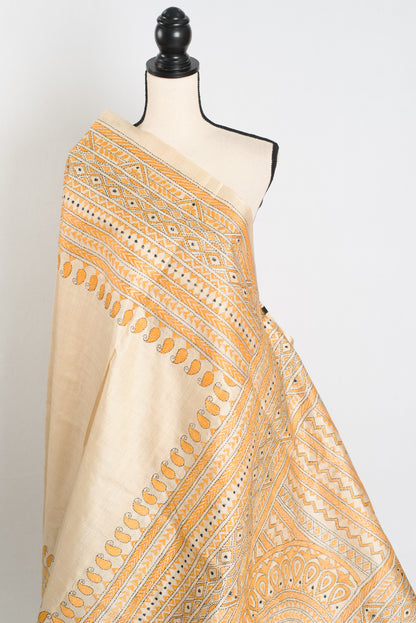 Suchitra : Hand Embroidery Tussar Silk Kantha Stitch Saree in Beige and Yellow image 3