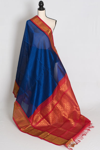 Mala : Royal Blue and Red Cotton Silk Kanjivaram Saree with 38 Size Blouse image 3