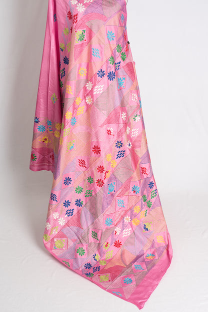 Amira : Pink Blended Silk Saree with Hand Embroidery Lambani Work Saree image 4
