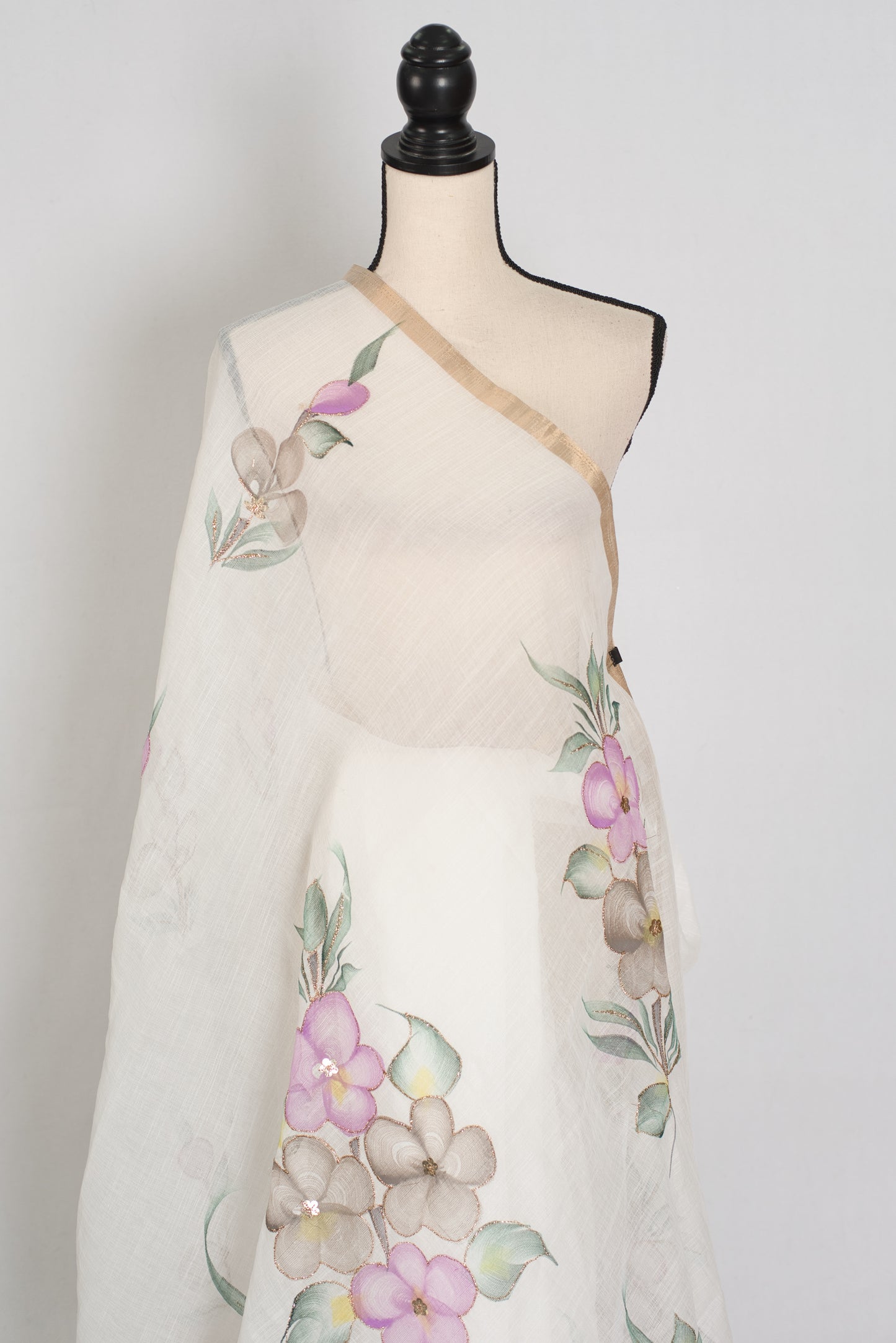 Sree | White Hand-Painted Cotton Saree | Floral Embroidery Highlights image 4