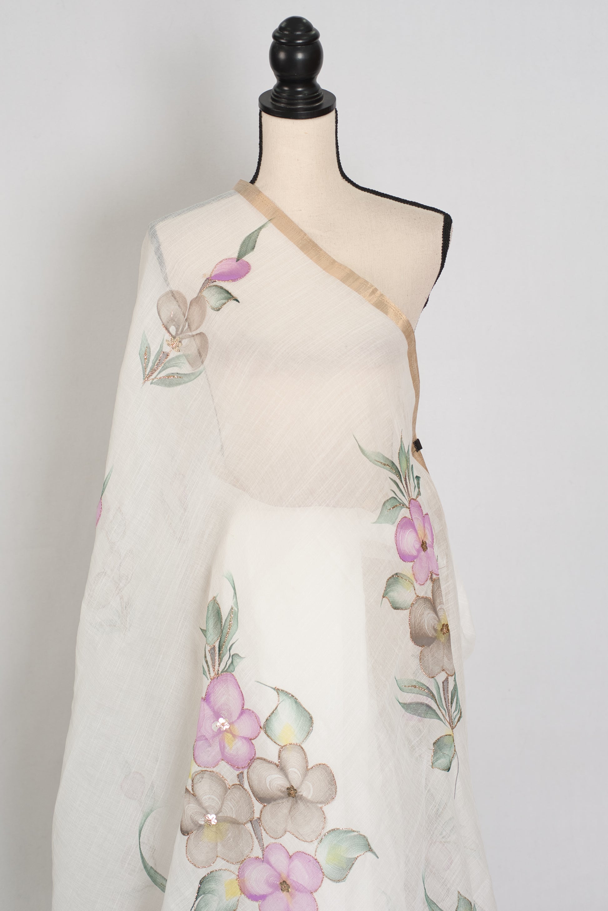 Sree | White Hand-Painted Cotton Saree | Floral Embroidery Highlights image 4
