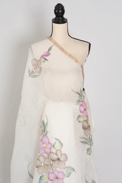 Sree | White Hand-Painted Cotton Saree | Floral Embroidery Highlights image 4