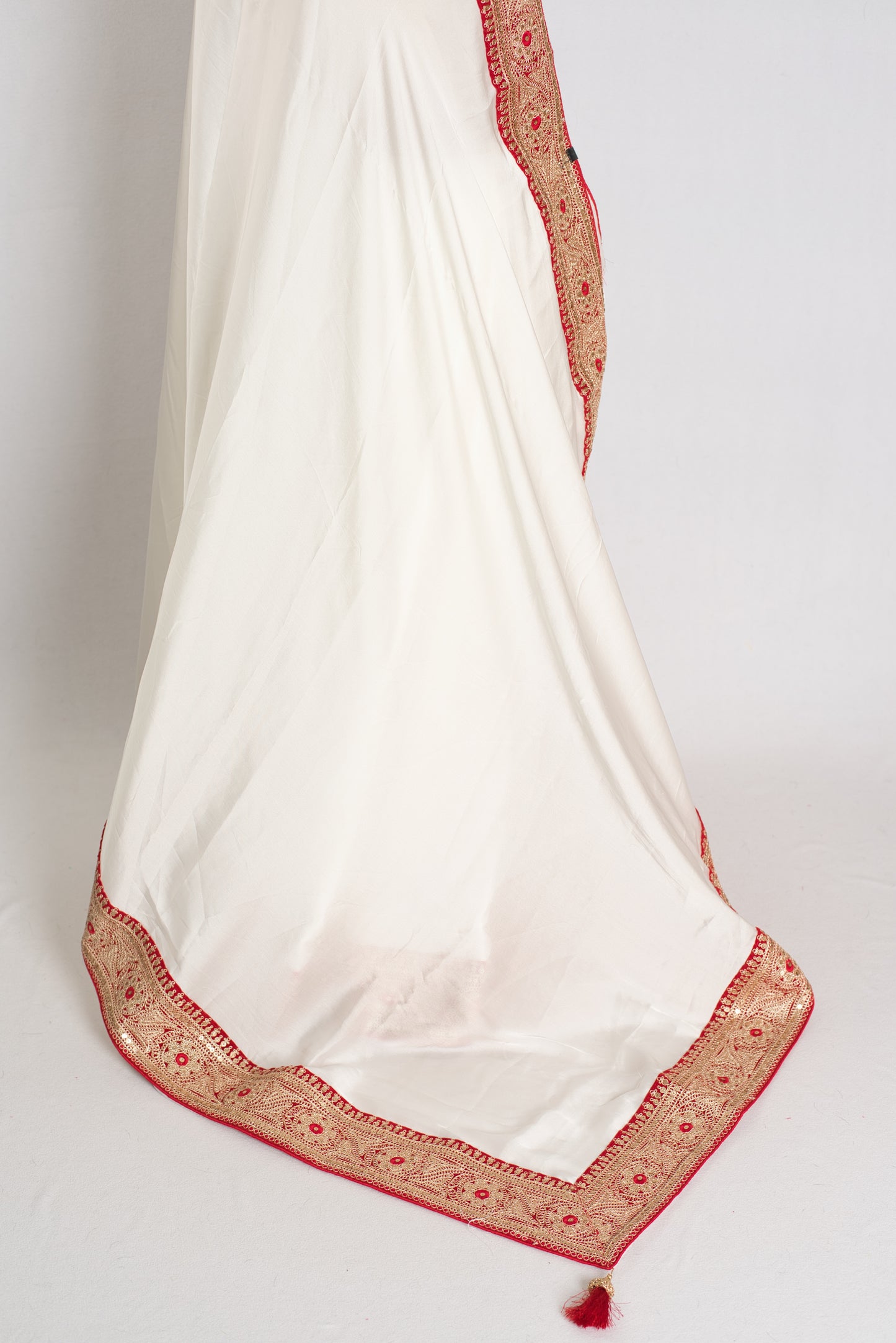 Farah : Off White and Red Patch Border Designer Satin Silk Partywear Saree image 4