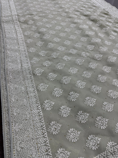 Medha | Sage Green Georgette Cocktail Saree | Elegant Pastel Floral Bootis image 4