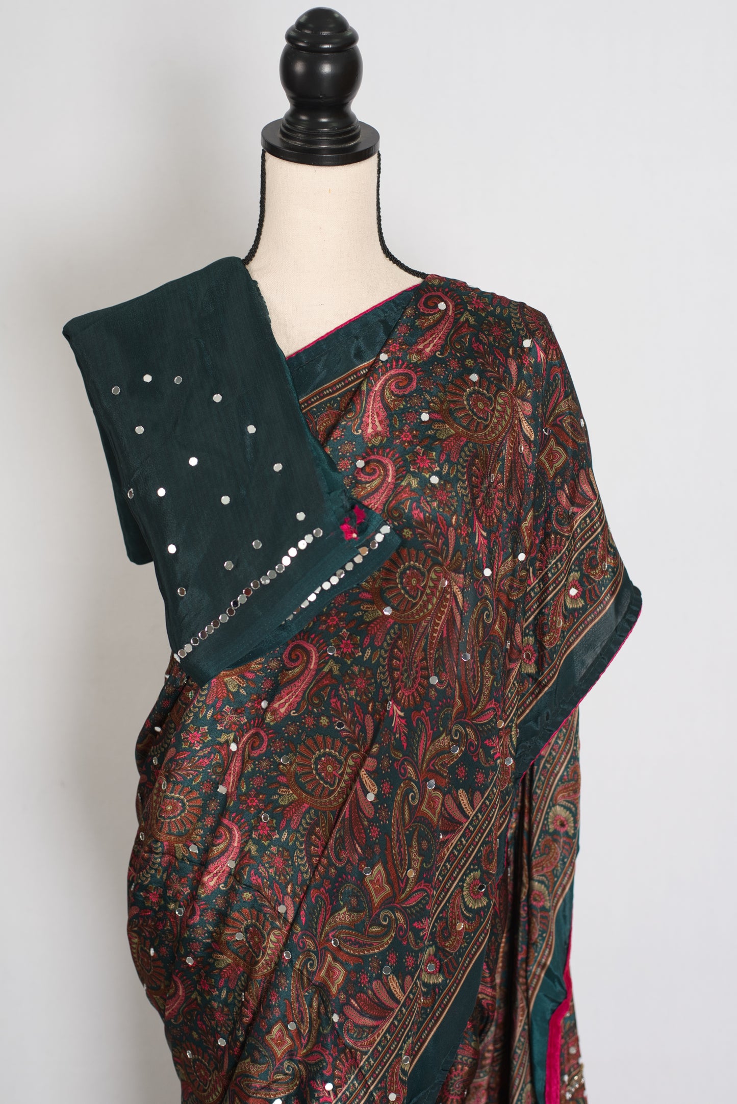 Sneha | Dark Green Kalamkari Printed Mirror Work Saree | Semi Modal Silk image 2