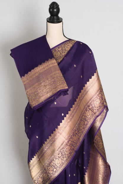 Purple and Gold Banarasi saree — drape view