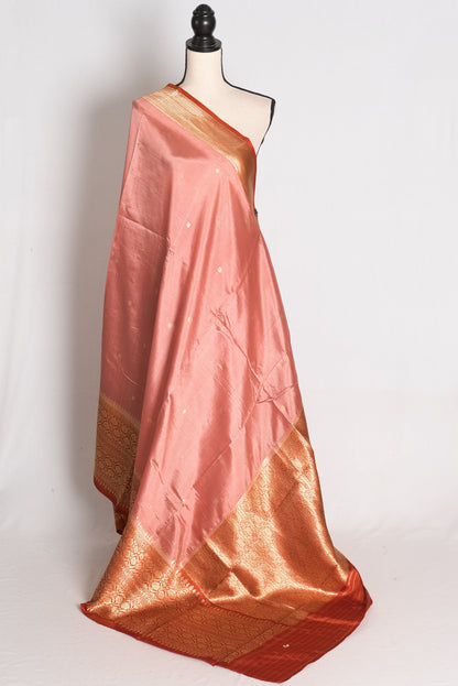 Paroma: Pastel Brown and Rust Wide Border Raw Mango Silk Banarasi Saree image 1