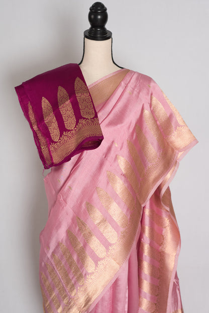 Neha : Onion Pink and Gold Satin Katan Pure Silk Banarasi Saree | Silk Mark image 2