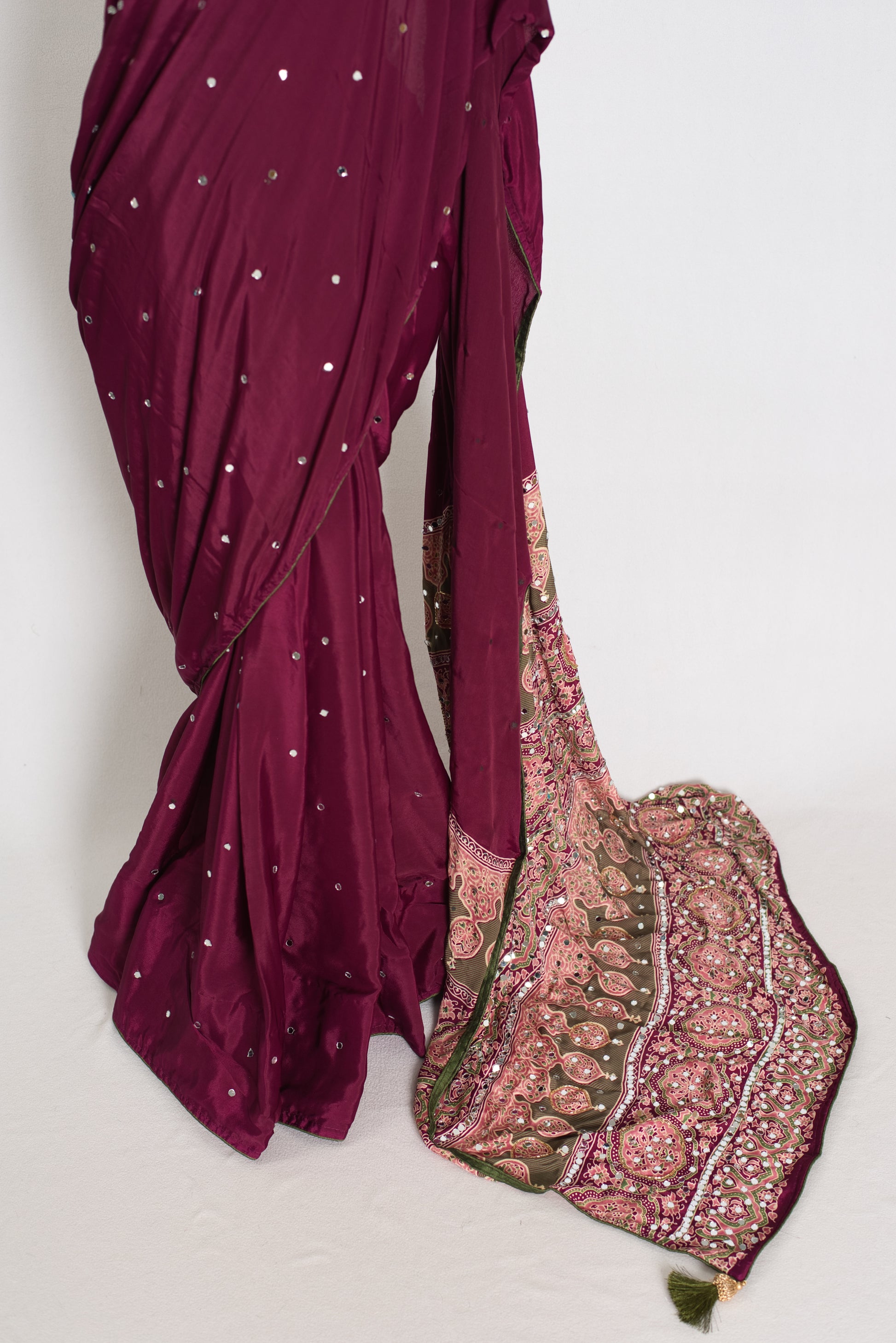 Naheed | Wine Color Mirror Work Partywear Ajrakh Saree | Bollywood Inspired image 5