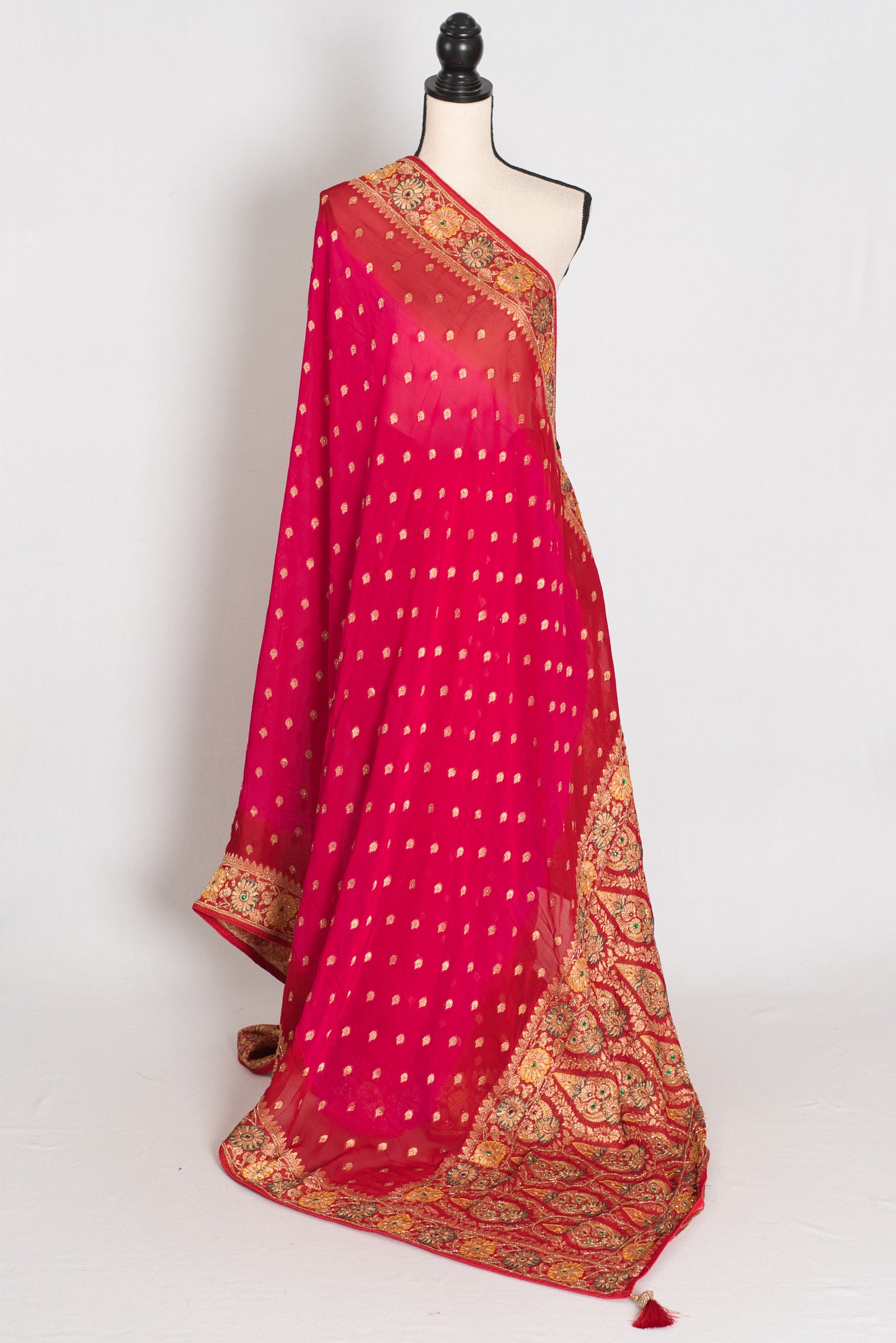 Nadira | Dark Pink & Red Crepe Georgette Banarasi Saree | Hand-Embroidery image 1