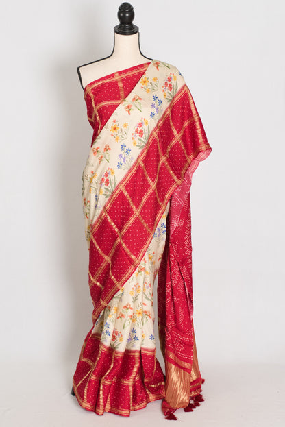 Mehuli | Cream & Rosy Red Modal Silk Saree | Gharchola & Bandhani Print image 0