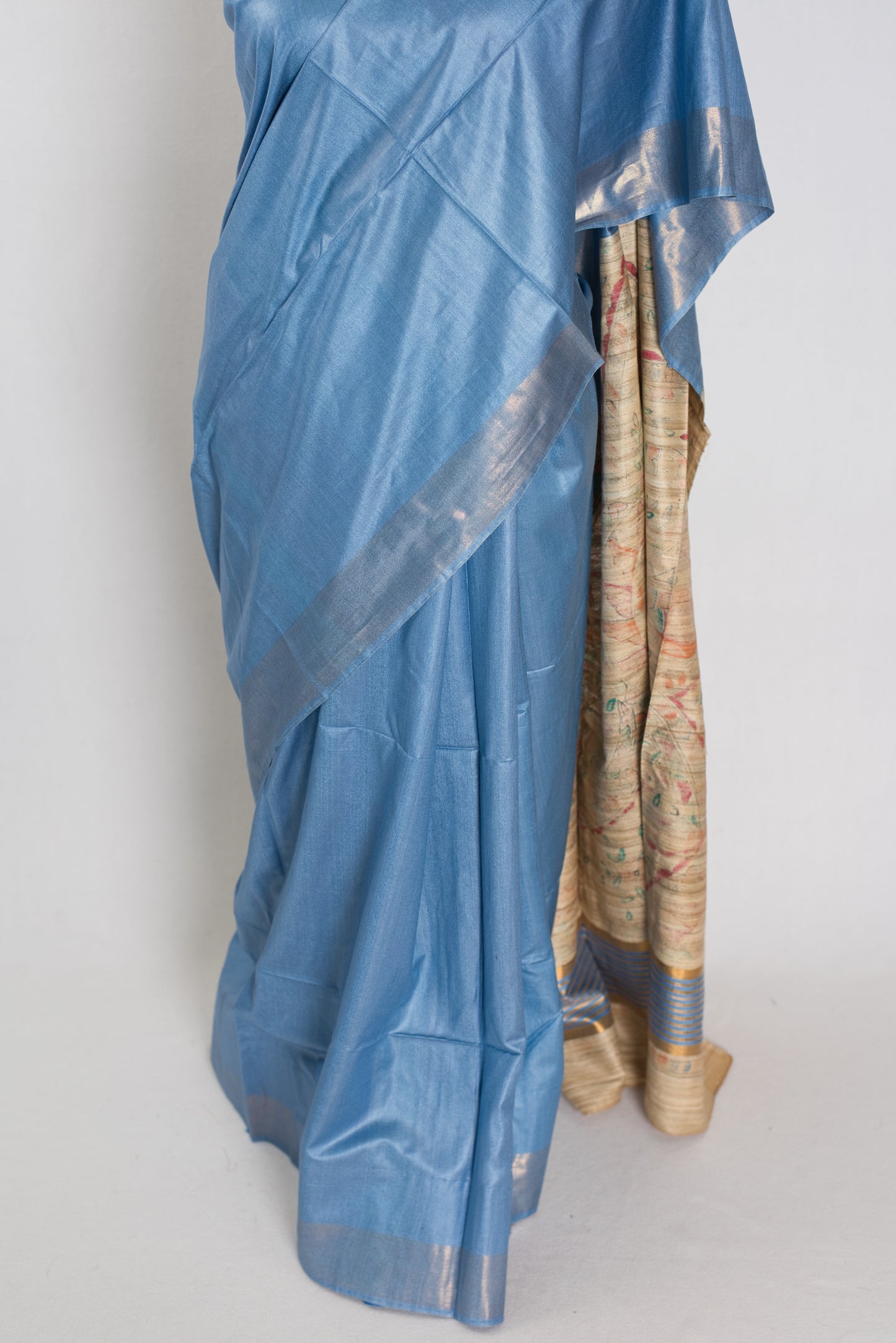 Shobha: Contemporary Blue StapleTussar Silk Saree | Hand-Painted Madhubani Pallu image 5