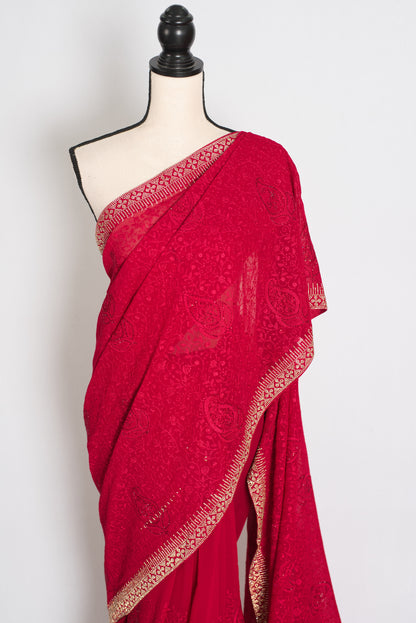 Reeva | Rosy Pink Georgette Kashmiri Embroidery Saree| Cocktail Partywear image 6