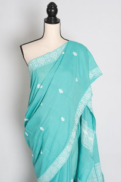 Ashmi : Sea Green & White Soft Pure Cotton Handloom Assamese Saree image 5
