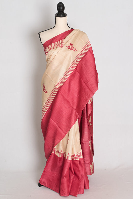 Mahi : Cream and Pink Bird Block Printed Tussar Silk Saree with 38 Size Blouse image 0