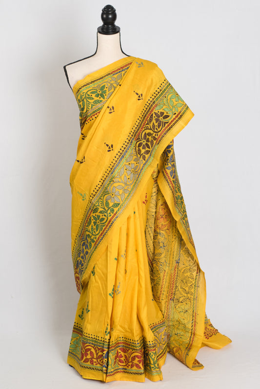 Anwesha : Silk Mark Certified Yellow Hand Embroidery Kantha Stitch Silk Saree image 0