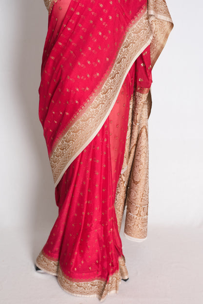 Rani: Dark Pink and Off-White Semi Georgette Banarasi Saree image 5
