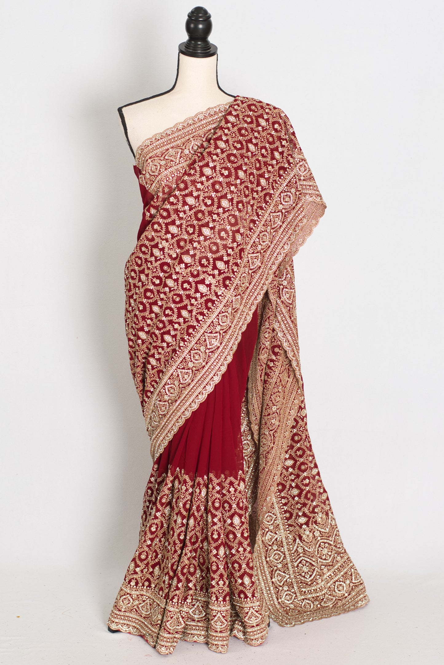 Mohey | Maroon and Gold Georgette Bridal Saree | Elegant Royal Festive Wear image 0