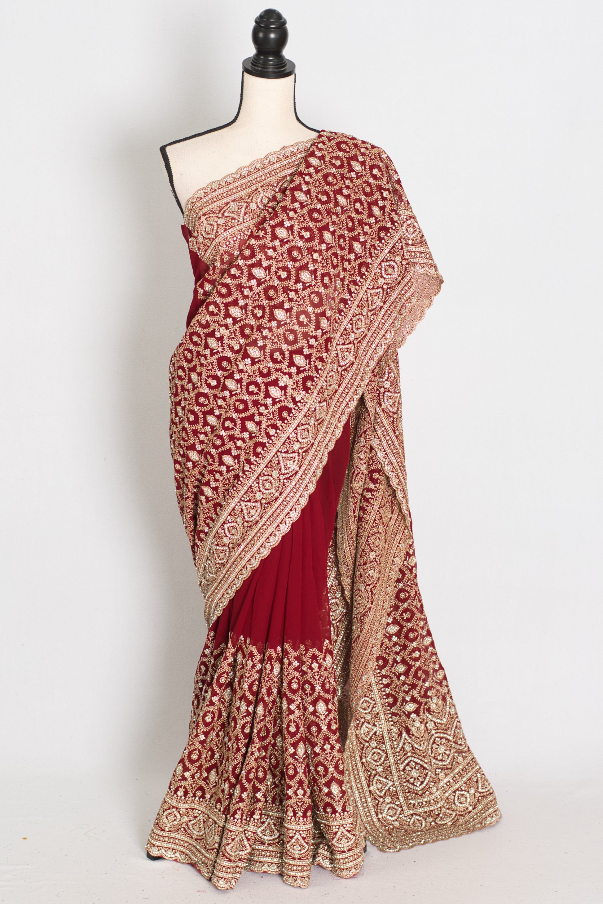 Mohey | Maroon and Gold Georgette Bridal Saree | Elegant Royal Festive Wear image 0