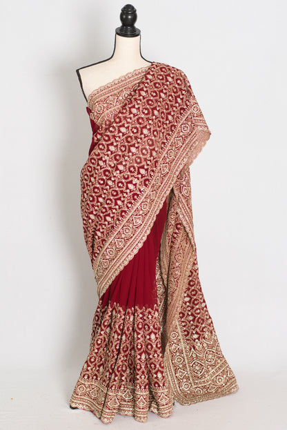 Mohey | Maroon and Gold Georgette Bridal Saree | Elegant Royal Festive Wear image 0