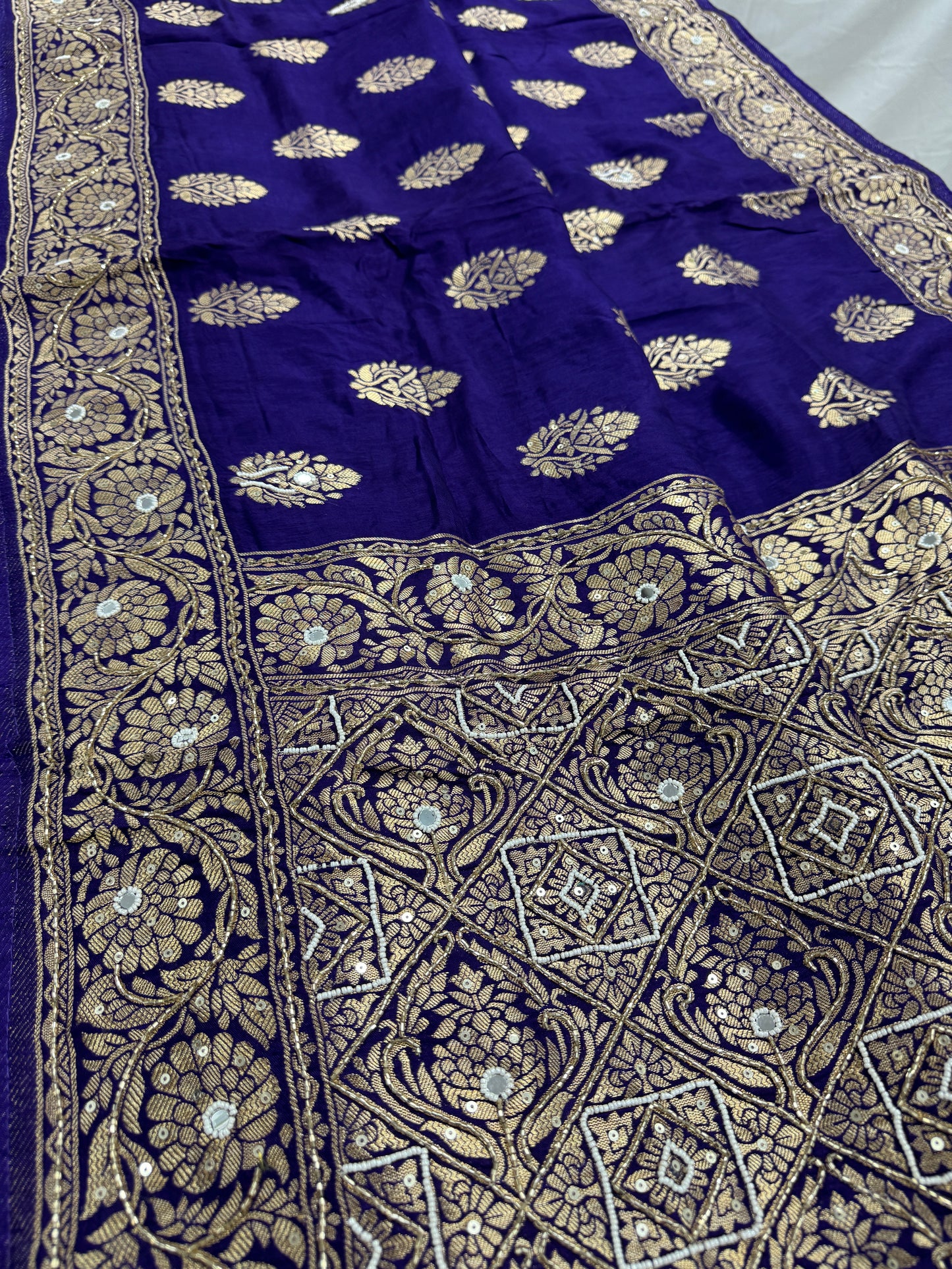 Mayuri : Hand Embroidery Soft Dola Silk Banarasi Saree in Bluish Purple image 0