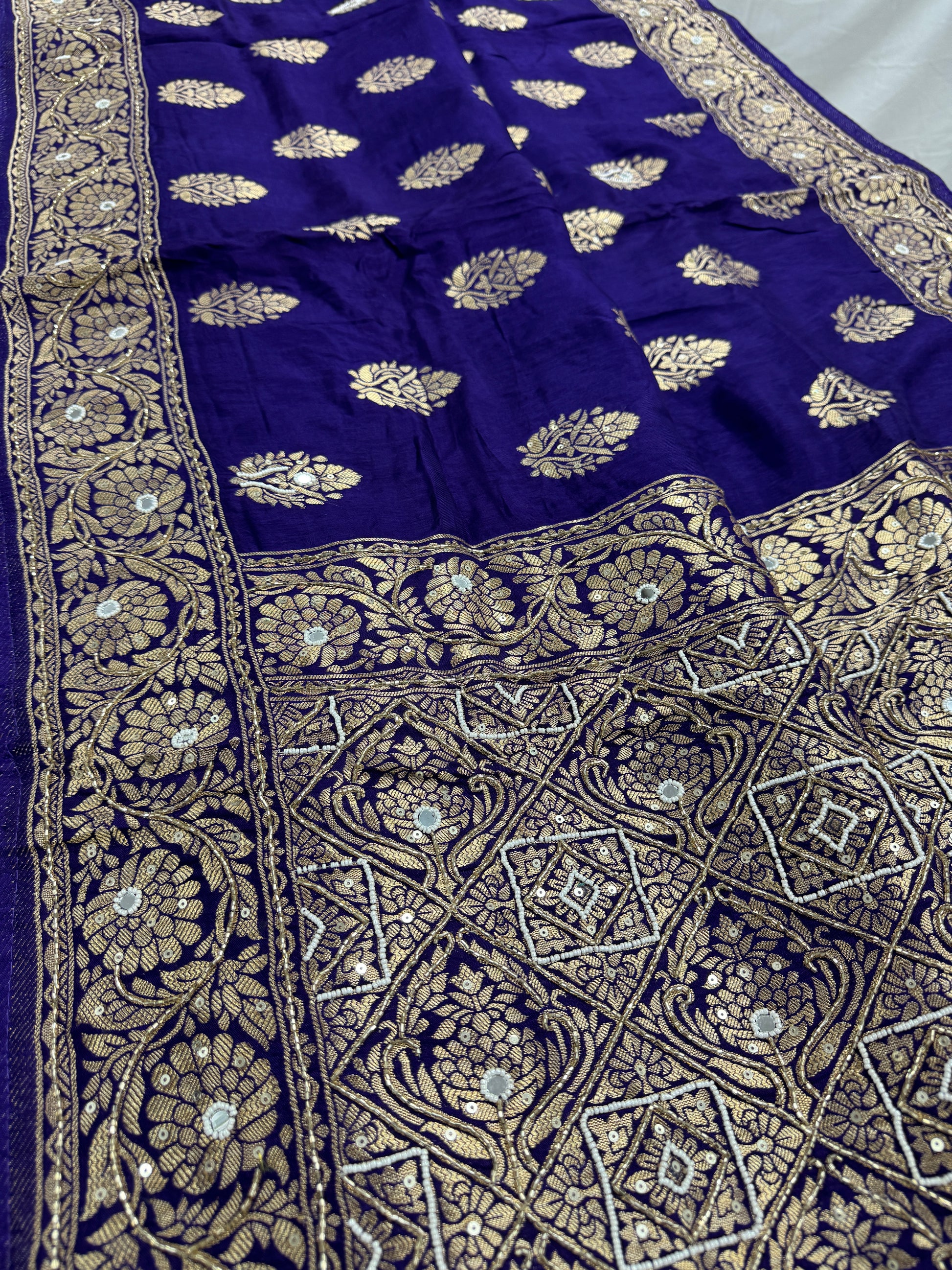 Mayuri : Hand Embroidery Soft Dola Silk Banarasi Saree in Bluish Purple image 0