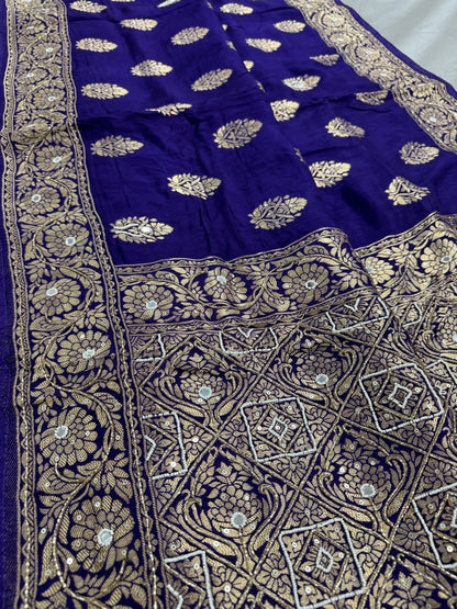 Mayuri : Hand Embroidery Soft Dola Silk Banarasi Saree in Bluish Purple image 0