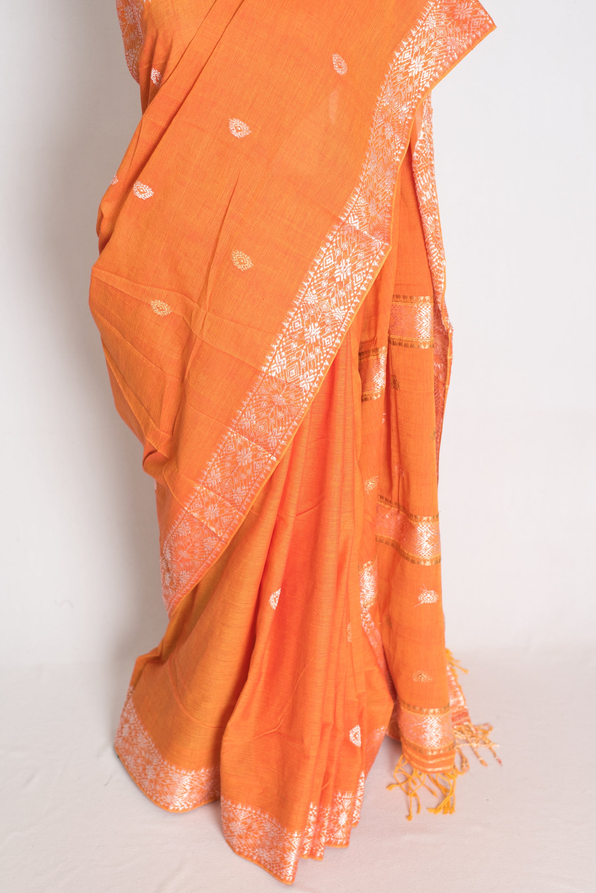 Pritha : Vibrant Orange Pure Cotton Assamese Handloom Saree image 5