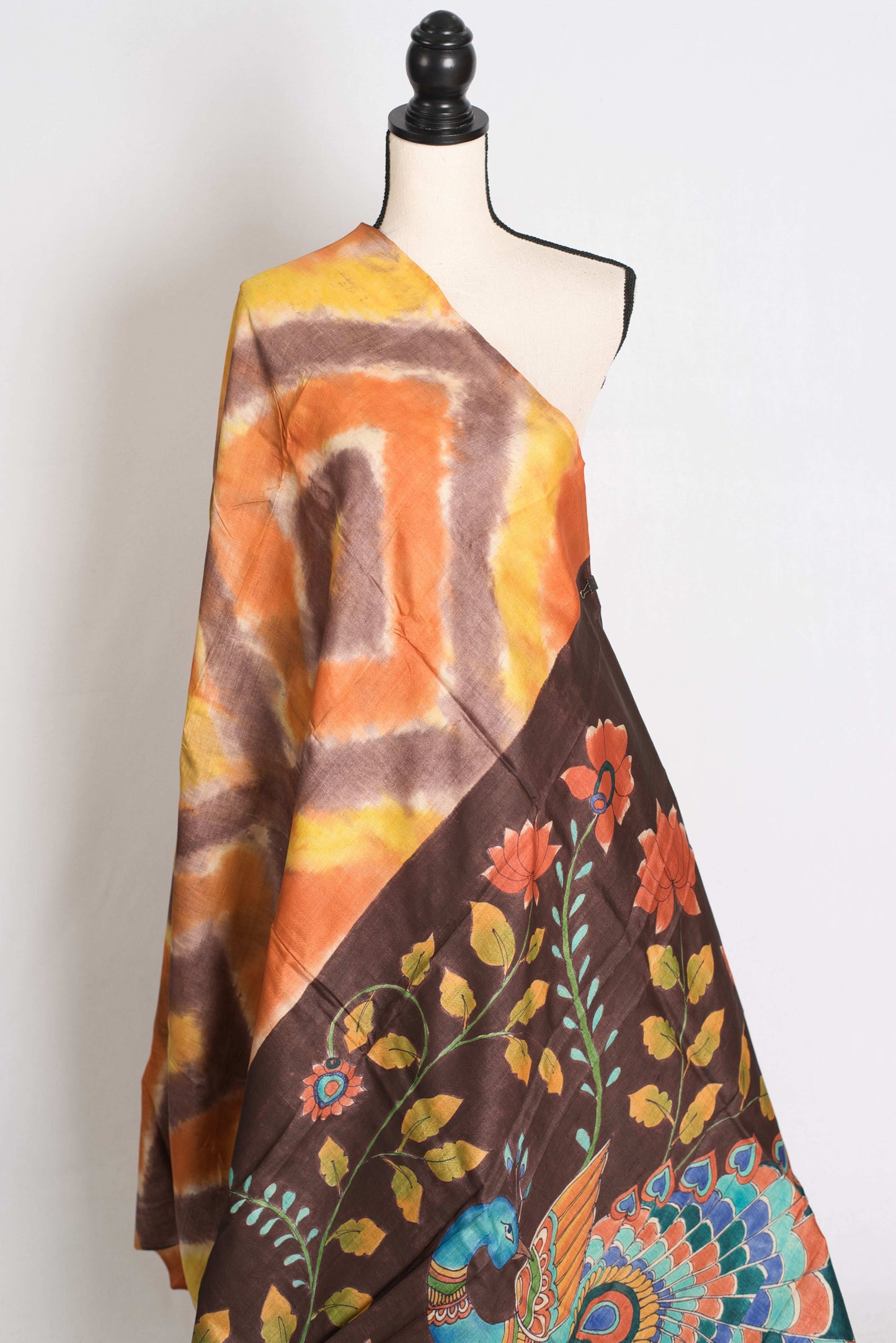 Madhura : Hand Painted Kalamkari Tussar Silk Saree with 36 Size Stitched Blouse