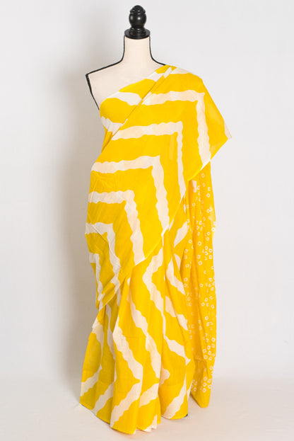 Shalini: Bright Yellow & White Contemporary Bengal Soft Mulmul Cotton Saree image 0