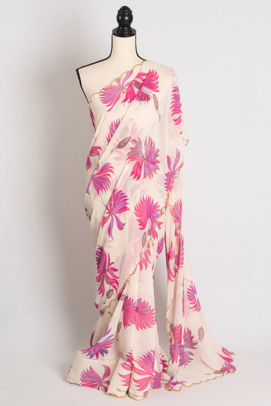 Indira : Off White and Pink Floral Georgette Hand Embroidered Designer Saree image 0