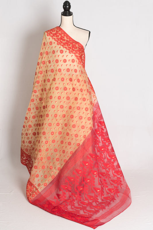 Tithi : Beige and Red Soft Cotton Blend Bengal Jamdani Saree image 1
