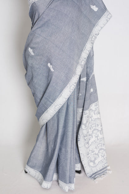 Pronoti : Steel Grey Kaziranga Soft Pure Cotton Assamese Handloom Saree image 5