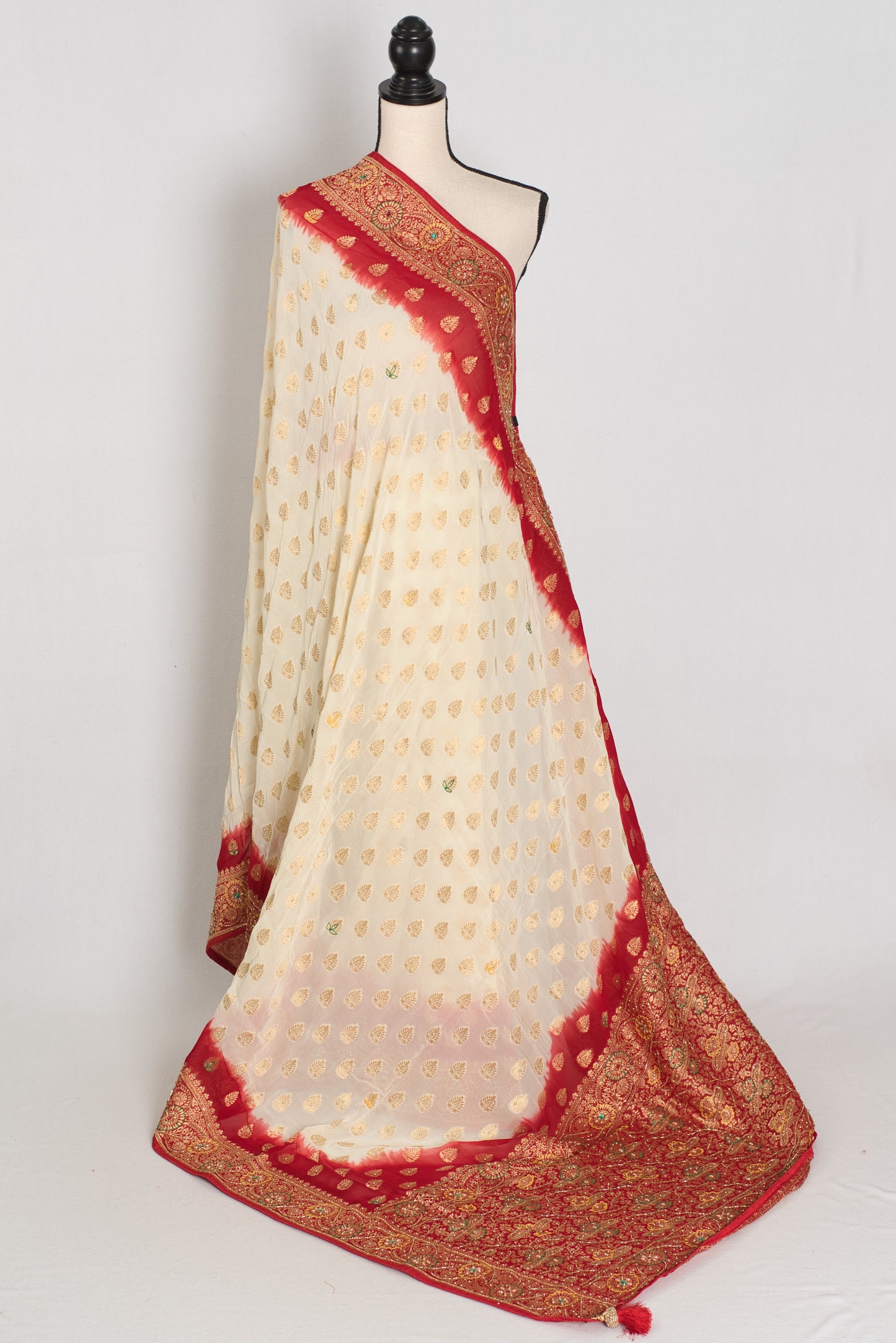 Maya | Off-White & Red Crepe Georgette Banarasi Saree | Bengali Look image 1