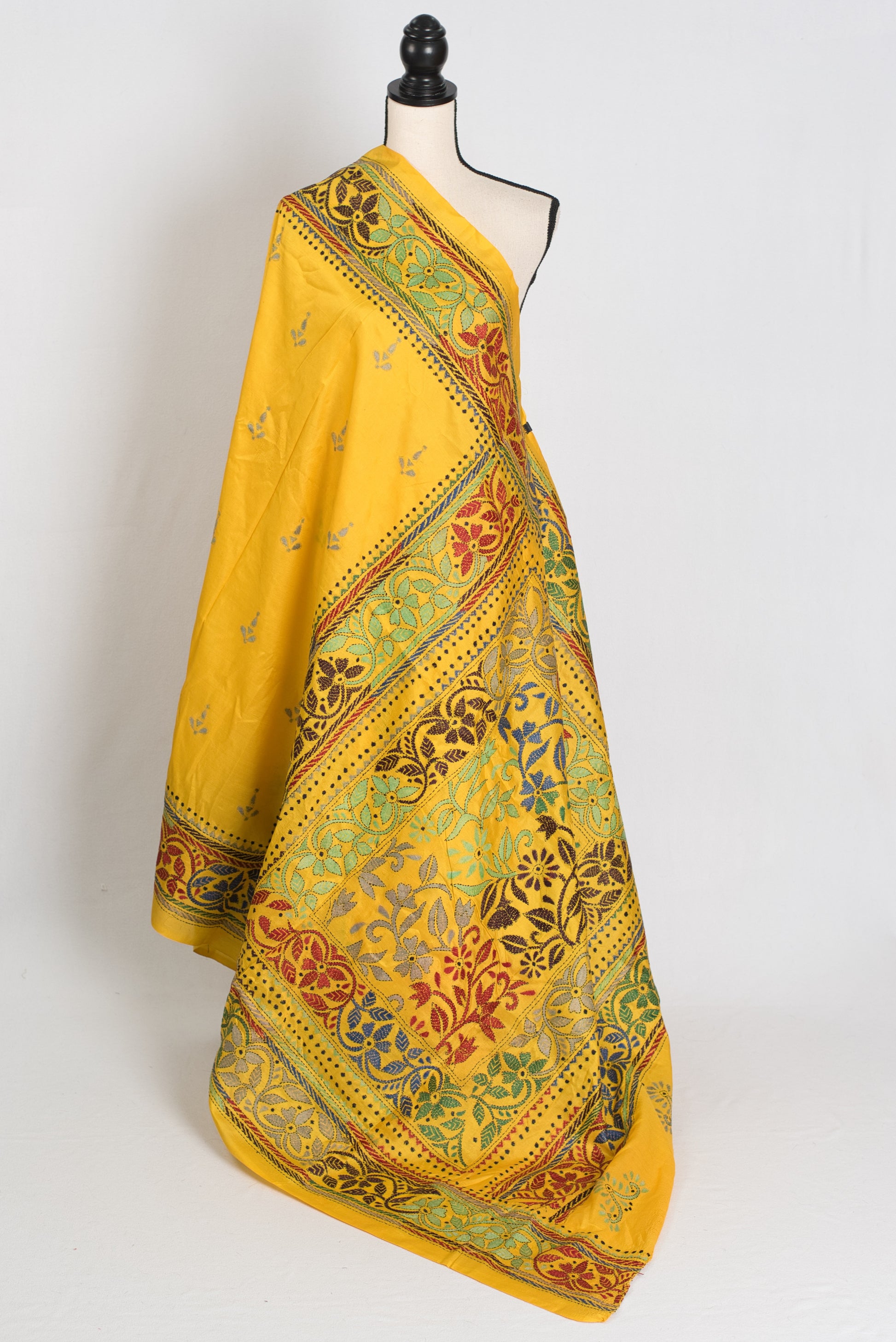 Anwesha : Silk Mark Certified Yellow Hand Embroidery Kantha Stitch Silk Saree image 1