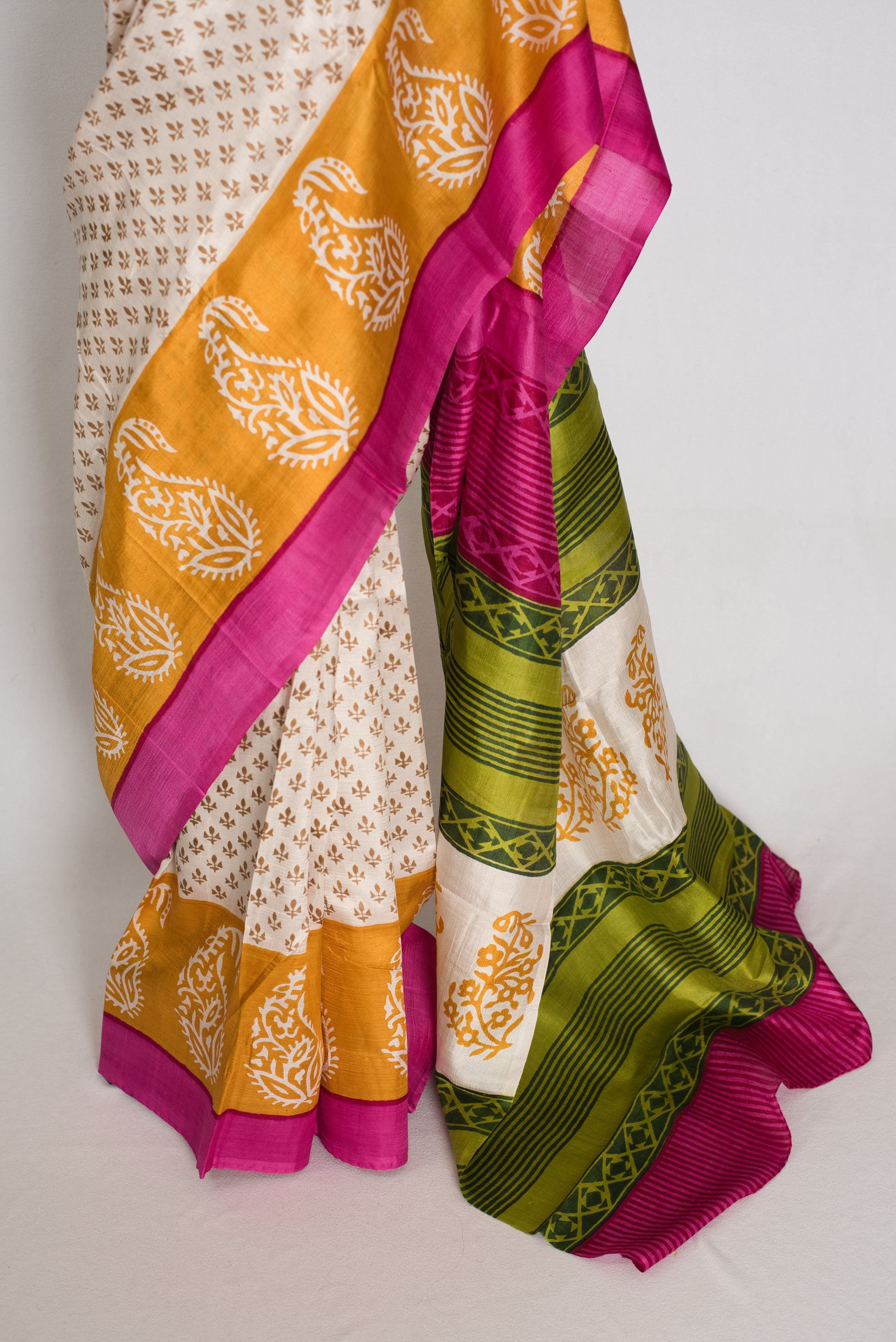 Basanti : Off-White, Pink and Yellow Hand Block Printed Murshidabad Silk Saree image 3