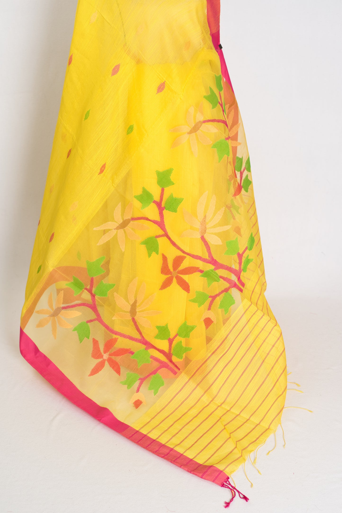 Shruti: Bright Yellow & Pink Bengal Linen-Cotton Saree | Handwoven Jamdani Pallu image 4