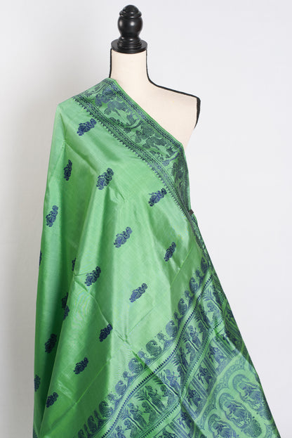 Sriti : Traditional Baluchari Silk Saree from Bengal in Sage Green image 4