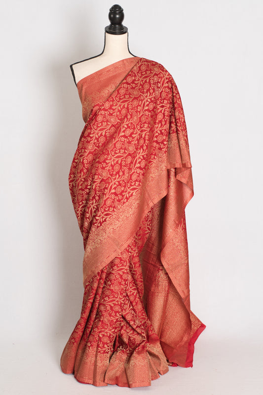 Pari : Red & Gold Jaal Banarasi Semi Georgette Saree image 0