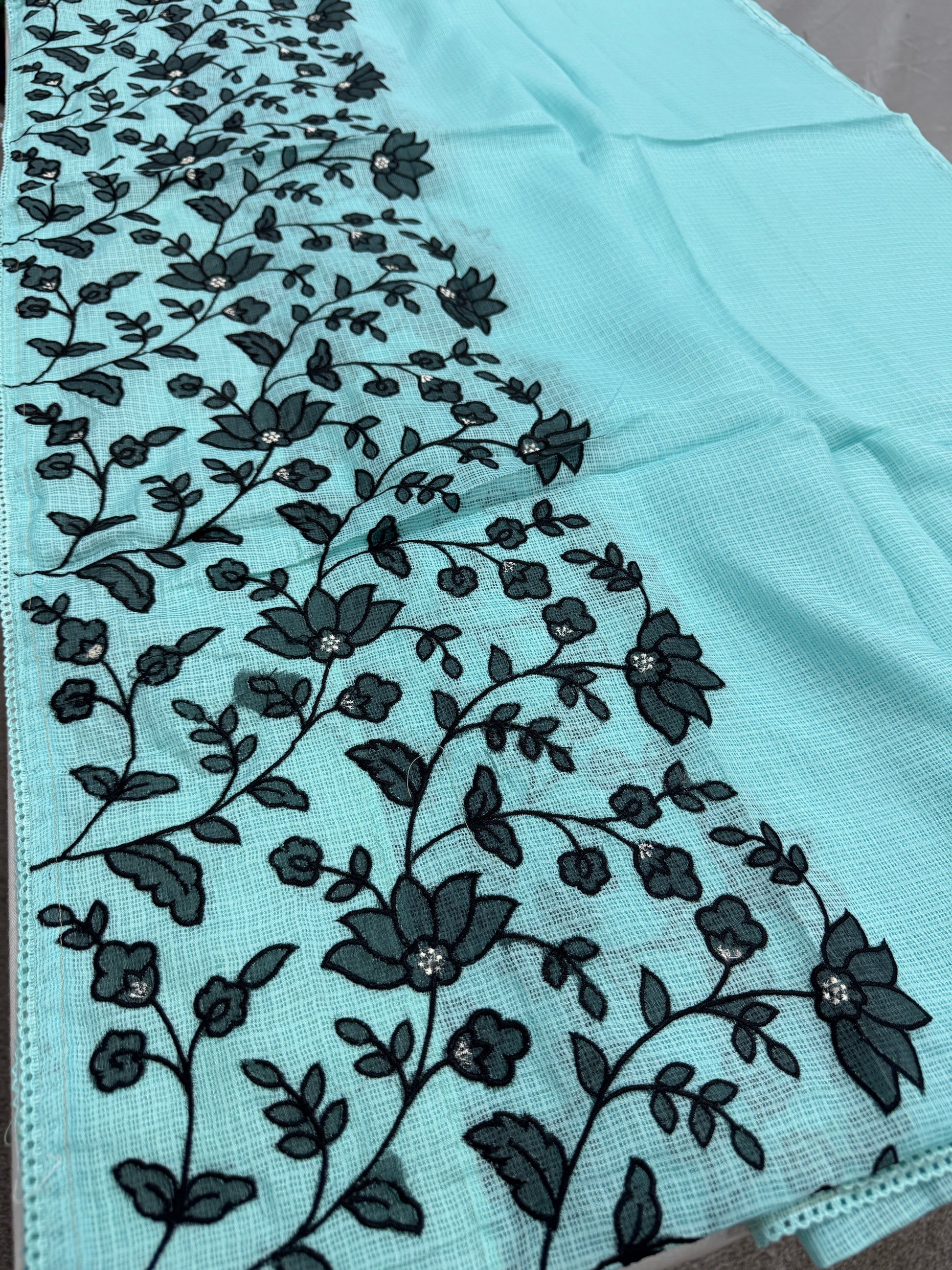 Dhriti | Turquoise Blue & Black Semi Kota Silk Saree | Artistic Floral Appliqué image 0