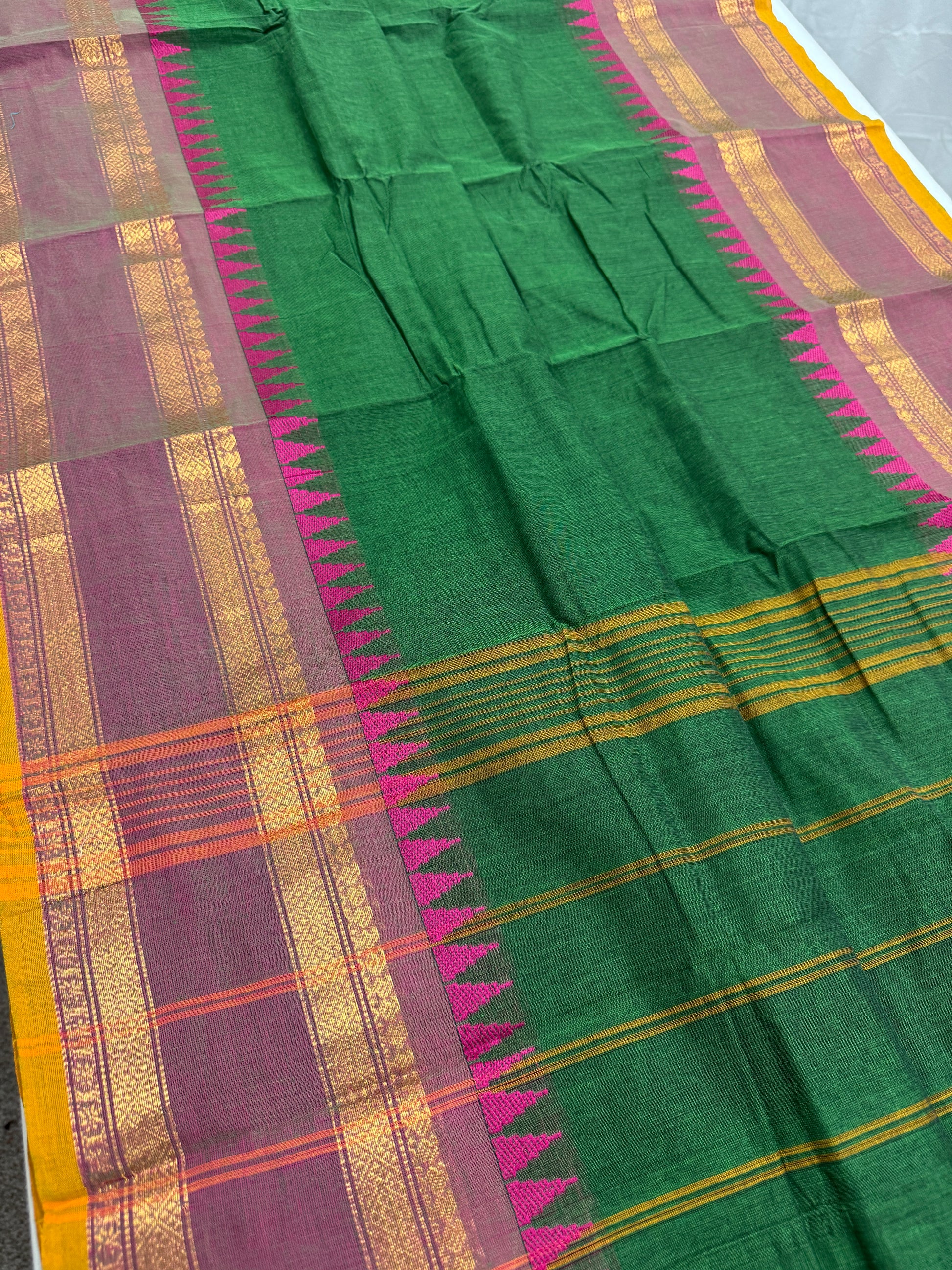 Janaki : Handwoven Kanchi Cotton Saree in Green and Matte Purple image 4