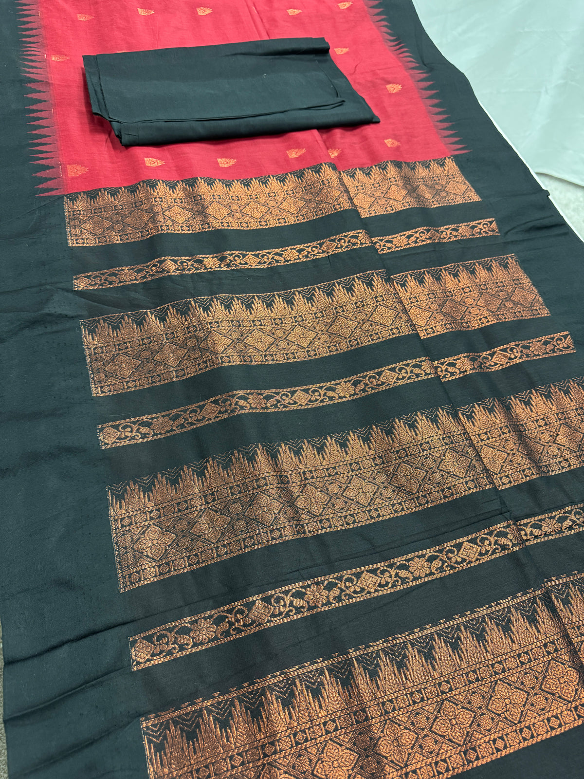 Dhriti: Dark Red Blended Cotton Gadwal Saree with Black Zari Border image 5