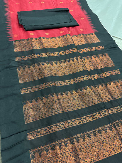 Dhriti: Dark Red Blended Cotton Gadwal Saree with Black Zari Border image 5