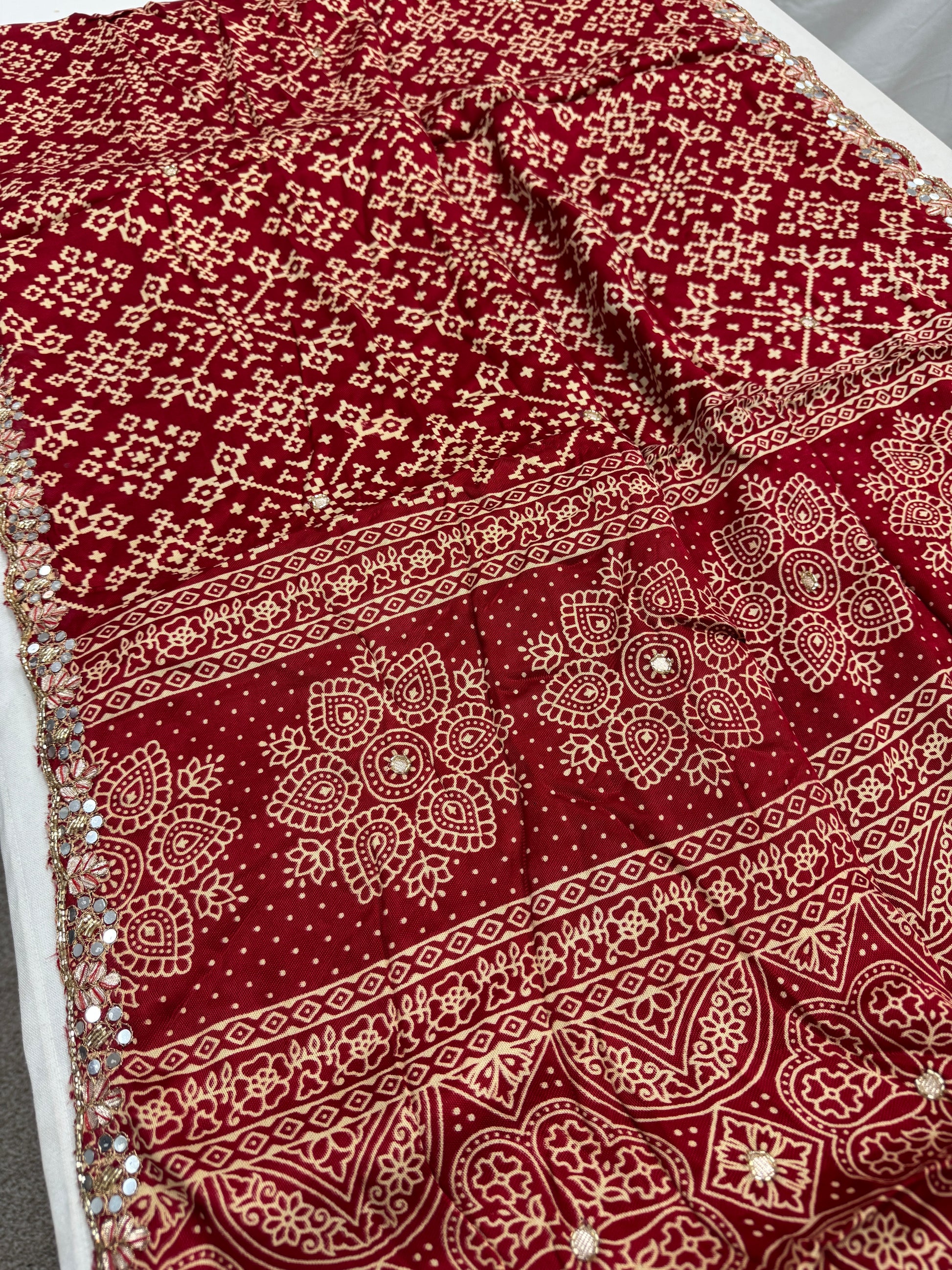 Sindhu : Sindoori Red Modal Silk Ajrakh Saree with Hand Embroidery Work image 0